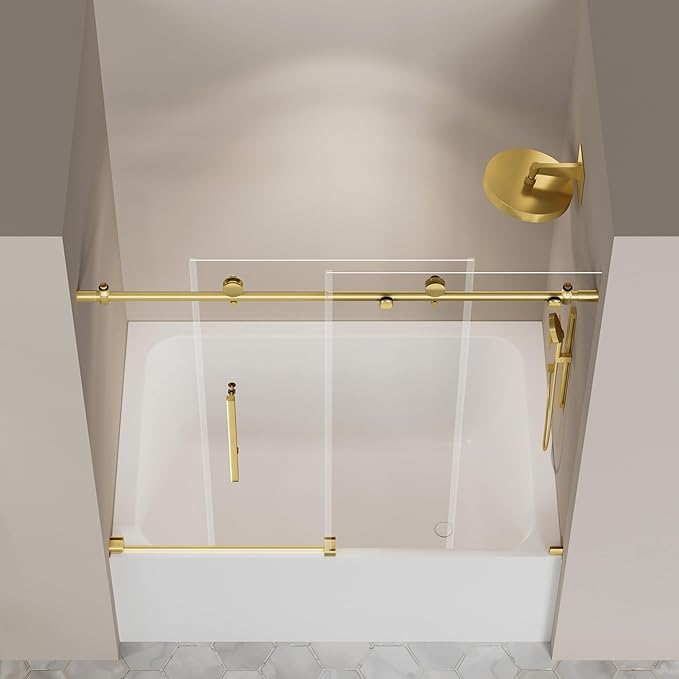 Frameless Bathtub Shower Door 56"-60" W X 59" H,Glass Shower Doors for Tub,Sliding Bathroom Tub Glass Door with Explosion-Proof Film,5/16" (8mm) Clear Tempered Glass,Stainless Steel Frame,Sturdy,Gold