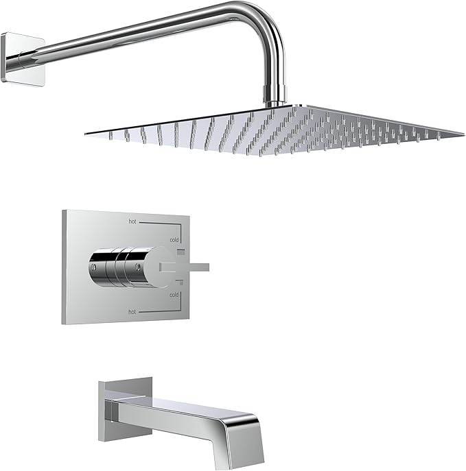 Rain Shower System with Waterfall Tub Spout 2 Function Chrome Shower Faucet Set Contain 12 Inch Shower Head and Tub Spout Trim Kit (Valve Included)