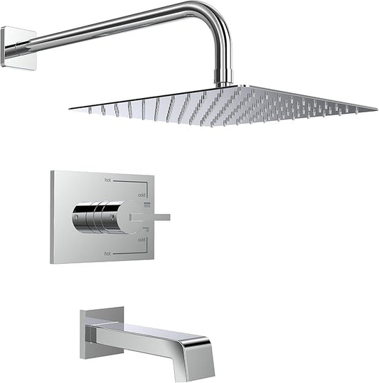 Rain Shower System with Waterfall Tub Spout 2 Function Chrome Shower Faucet Set Contain 12 Inch Shower Head and Tub Spout Trim Kit (Valve Included)