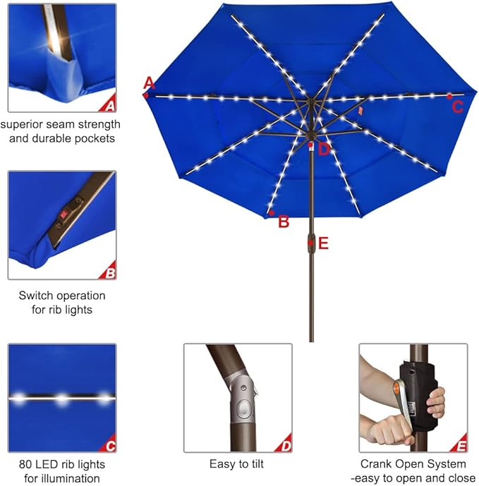 EliteShade USA Solar 9ft 3 Tiers Market Umbrella with 80 LED Lights Patio Umbrellas Outdoor Table with Ventilation and 5 Years Non-Fading Top,Royal Blue