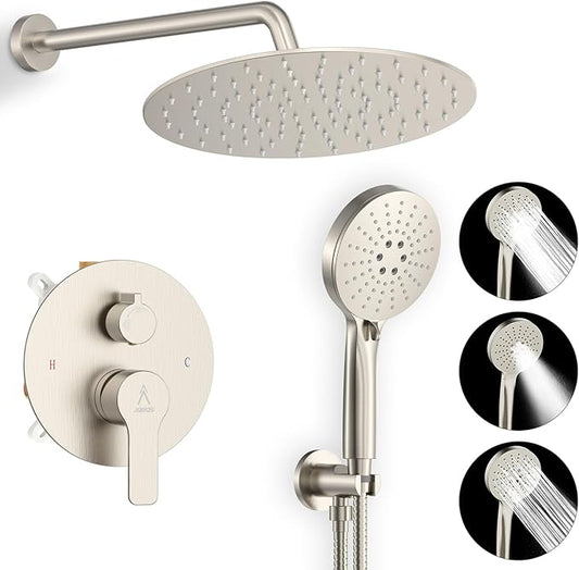 Shower Faucet Set 10IN Brass Rough-In Valve Body Trim Kit Rainfall Included Handle Accessories Complete 2 Functions with Rain Head and Handheld Bathroom Systems (10'', Brushed Nickel)