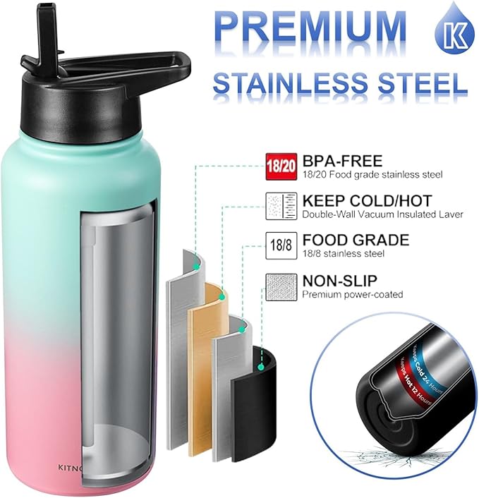 Water Bottle Insulated 32oz Straw Lid, Leak Proof, Vacuum Insulated,Stainless Steel Water Bottle Wide Mouth for Sports, Gym, BPA-Free Keep Cold 24H Hot 12H (Blue Pink)