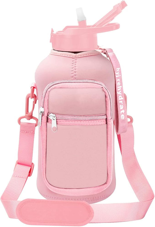 2.2L Half Gallon Water Bottle with Storage Sleeve and Covered Straw Lid -BPA Free Reusable Large Water Jug with Handle-Big Sports Water Bottle 2.2 Liter (74 Ounce),pink