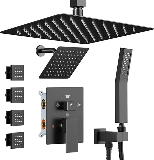 Shower Systems with 4 Body Spray Jets, STARBATH 4 Way 12+6" Rainfall Shower Head with Handheld Combo, Ceiling Mounted Shower Jets System in Wall Shower Faucet Sets Complete, Matte Black