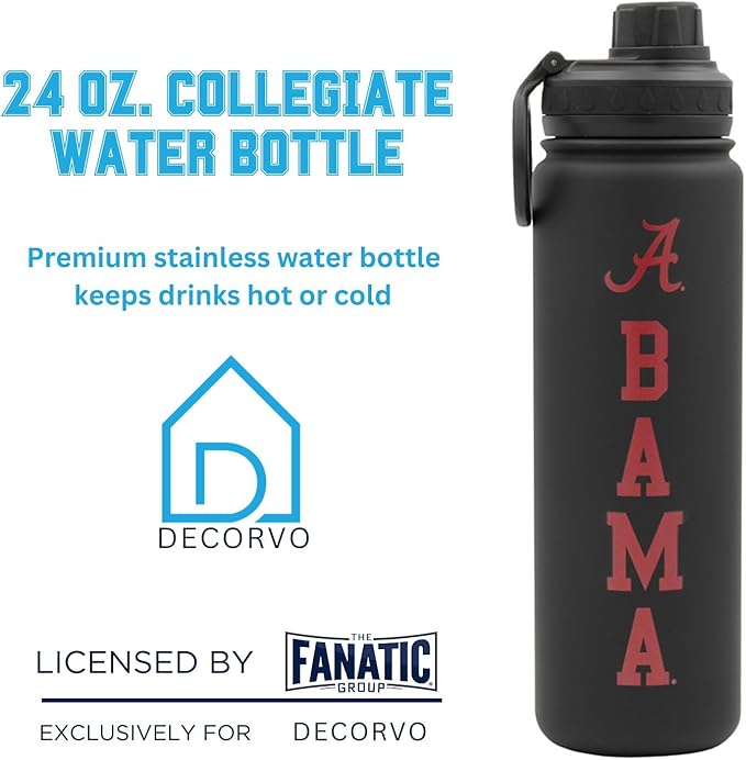 Alabama BAMA Water Bottle - Black Double Walled Stainless Steel 24 oz Keeps Drinks Cold or Hot