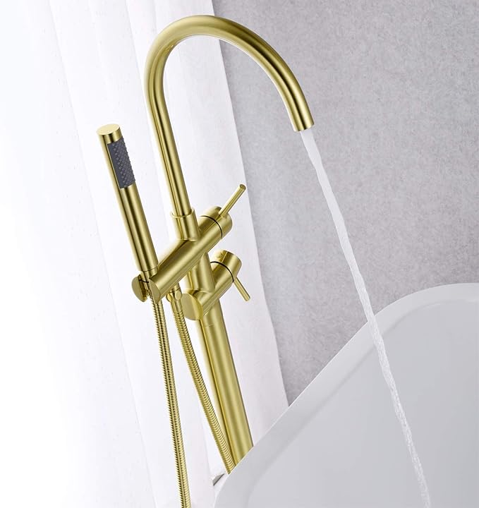 Freestanding Tub Filler Bathtub Faucet Brushed Gold Floor Mounted Brass Faucets with Handheld Shower