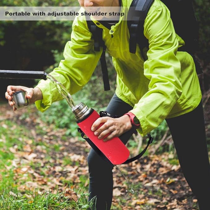 POCREATION Water Bottle Carrier,Insulated Neoprene Water Bottle Holder Bag Case Pouch Cover 1000ML, Shoulder Strap, Great for Stainless Steel and Plastic Bottles, Sport and Energy Drinks(red)