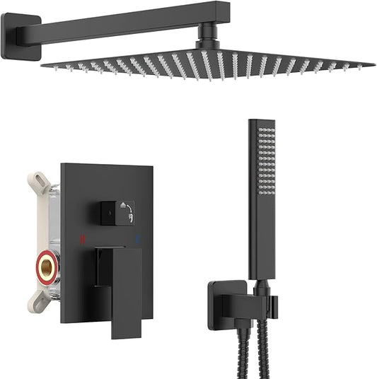 Iriber Shower Set with 12 Inch High Pressure Rain Shower Head and Handheld and Shower Faucet Mixer Valve Modern Shower System Including Pressure Balance Valve Shower Trim Kit for Bathroom,Matte Black