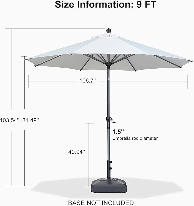 PURPLE LEAF 9' Round Patio Umbrella Outdoor Table Umbrella Aluminum Frame Market Umbrella Sun Umbrella with 8 Sturdy Ribs Tilt for Garden Deck Lawn Pool White