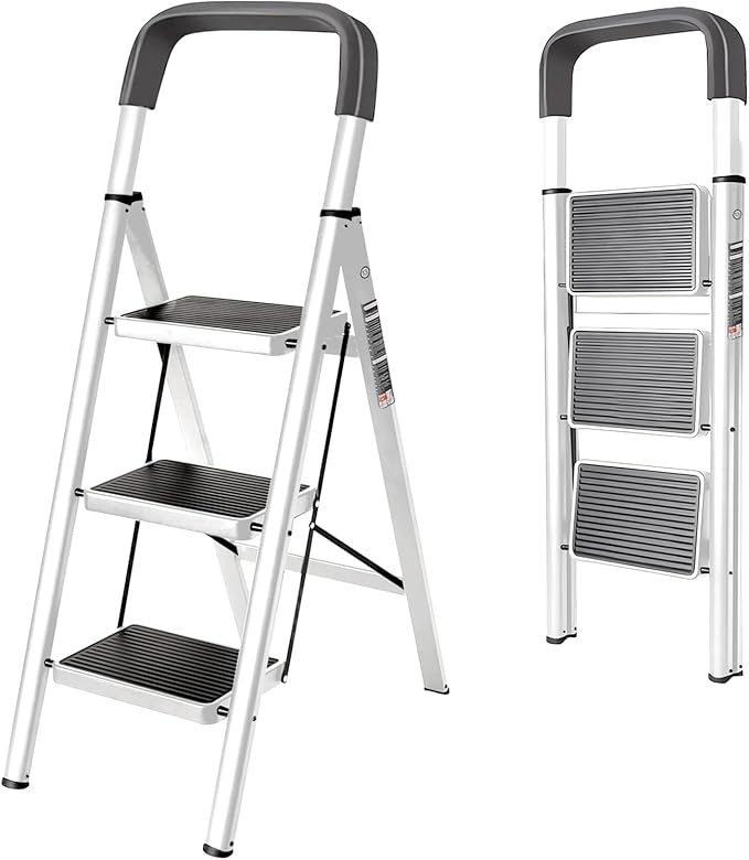 3 Step Ladder with Anti-Slip and Wide Pedal 220 lbs Capacity Folding Step Ladder for Household Kitchen Office(F-White, 3-Step with Handrail)