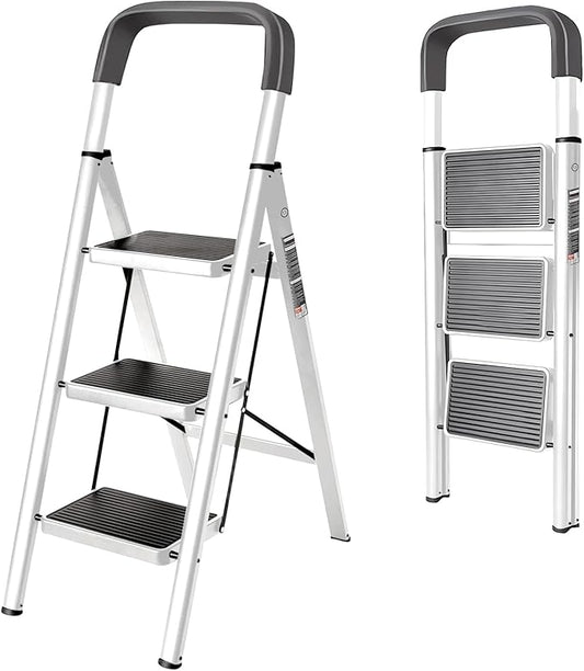 3 Step Ladder with Anti-Slip and Wide Pedal 220 lbs Capacity Folding Step Ladder for Household Kitchen Office(F-White, 3-Step with Handrail)