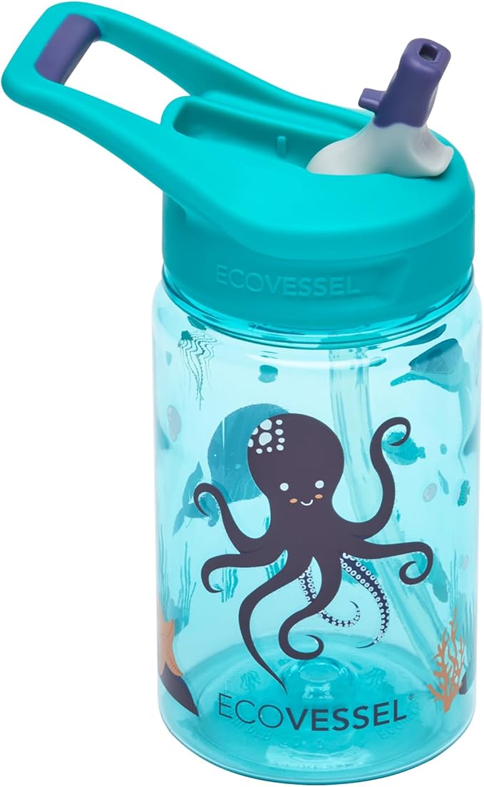 EcoVessel SPLASH Tritan Plastic Kids Water Bottle with Straw, Leak Proof Flip Top Lid, and Carry Handle Kids Cups Sports Water Bottle 12 oz (Underwater)