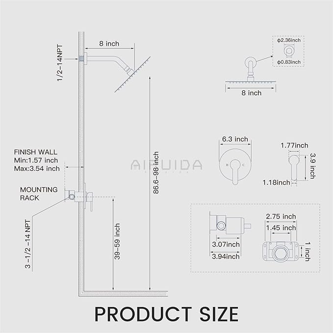 Airuida Shower Faucet Set,8 Inch Round Rainfall Shower Head,SUS304 Stainless Steel Single Handle Shower Trim Kit,Wall Mount Bathroom System with Female Threads Valve Brushed Gold