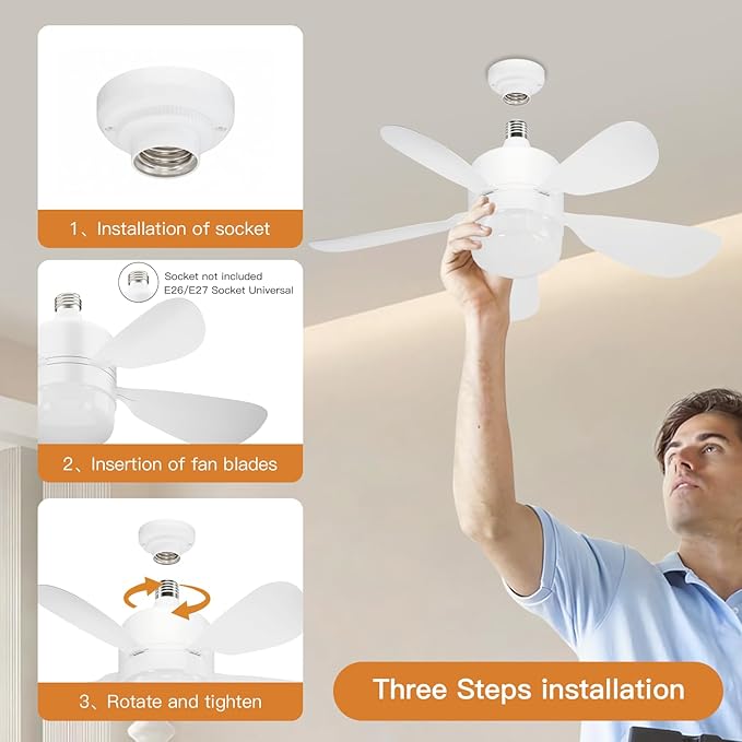 JTT Socket Fan Light with Remote - Screw in Ceiling Fan Light LED Bulb Fan with 3 Speed, 3000/4000/6000K Selectable and Adjustable Brightness Settings Socket Fan for Bedroom Living Room Kitchen Garage