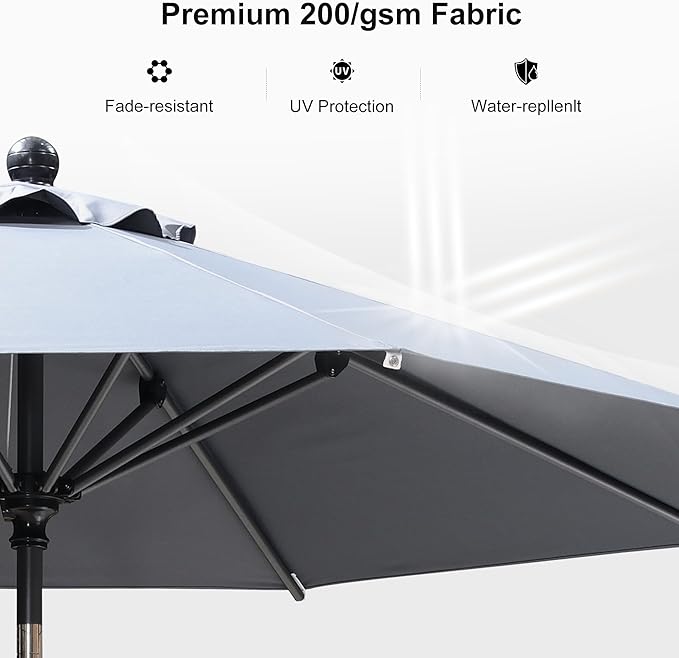 PURPLE LEAF 10' Round Patio Umbrella Outdoor Table Umbrella Aluminum Frame Market Umbrella Sun Umbrella with 8 Sturdy Ribs & Tilt for Garden Deck Lawn & Pool Light Gray
