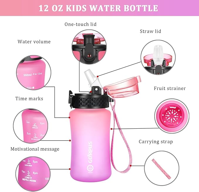 GOPPUS Kids Water Bottle with Straw Spout Lid 10pcs Stickers 12 oz Leak-proof BPA Free Motivational Time Marker Tritan Plastic Water Bottles for Girls Boys School Sports