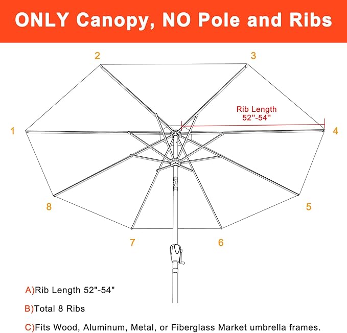 MASTERCANOPY 5-Year-Non-Fading Olefin 9FT Patio Umbrella Replacement Canopy-Orange&White Canopy Only