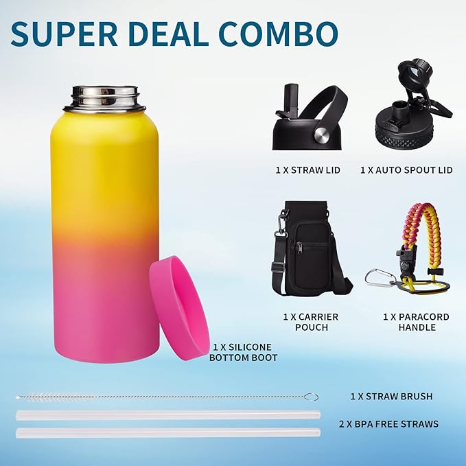 Stainless Steel Water Bottles 32oz - Cold-48h Hot-24h Insulated Water Bottle with Straw & Auto Spout Lid, Carrier Bag & Protective Cup Mat, Metal Thermo Flask Reusable Gym Waterbottle Jug Leak Proof