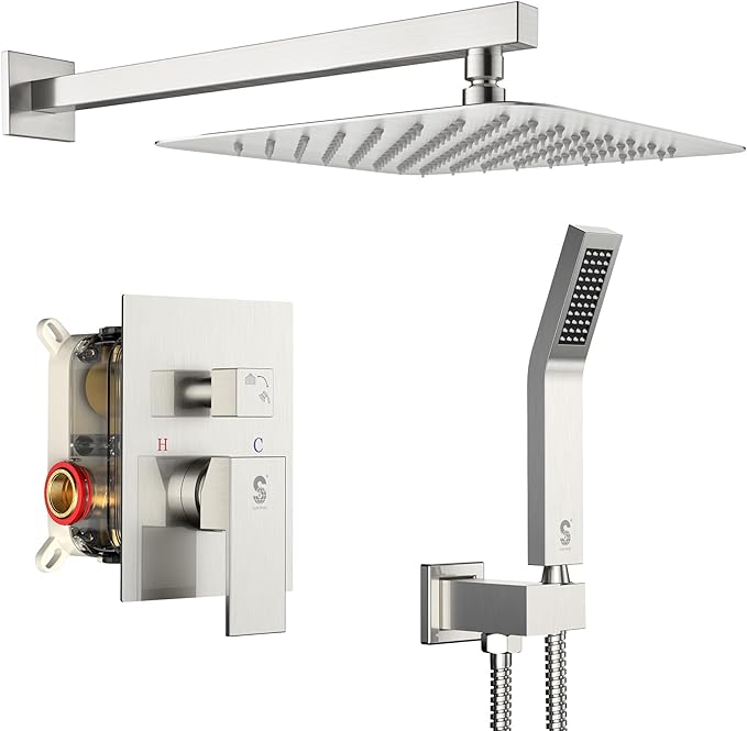 SR SUN RISE 12 Inches Bathroom Luxury Rain Mixer Shower Combo Set Wall Mounted Rainfall Shower Head System Brushed Nickel Finish Shower Faucet Rough-In