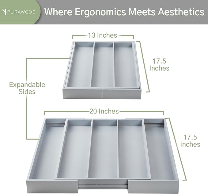 Purawood - Large Premium Bamboo Silverware Organizer - Expandable Kitchen Drawer & Utensil Organizer, 17" x 19.75" Cutlery Tray with Drawer Dividers for Kitchen Flatware (3-5 Slots) (Grey)