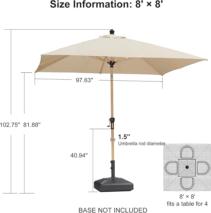 PURPLE LEAF 8' x 8' Square Patio Umbrella Market Umbrella Aluminum Outdoor Table Umbrella with Push Button Tilt & 8 Sturdy Ribs and Crank Square Outdoor Umbrellas for Pool Backyard Deck, Beige