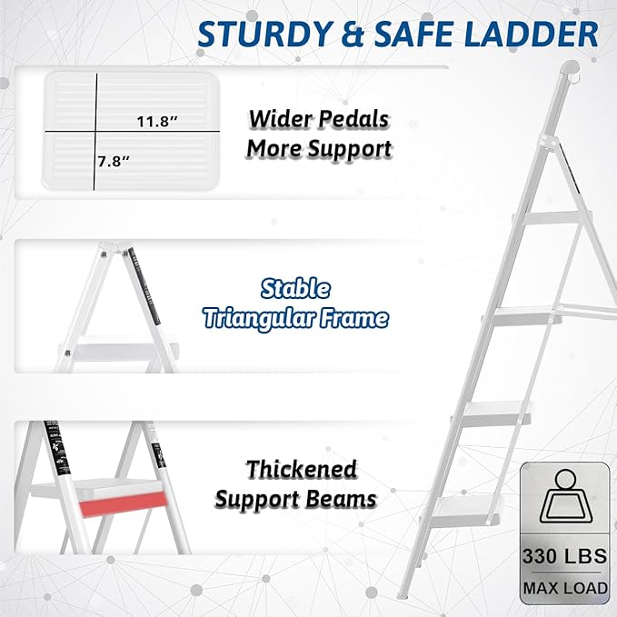 Double Elite Step Ladder 4 Step Folding with Handgrip, Convenient Step Ladder with Tool Bag Safer 330 Lbs Load 4 Step Ladder Folding Step Stool, Small Sturdy Ladder for Adults with Wide Pedals, White