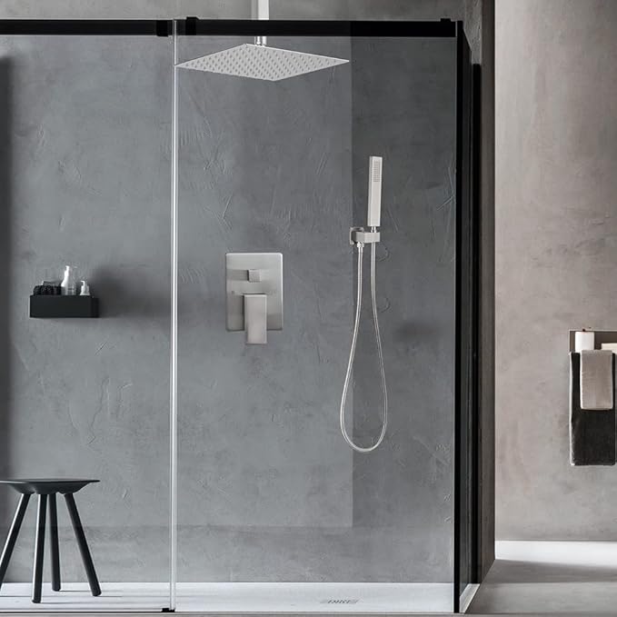 10 Inch Ceiling Mounted Shower System Rain Mixer Shower Combo Set Rainfall Shower Head System Brushed Nickel Shower Faucet Rough-in Valve Body and Trim Included
