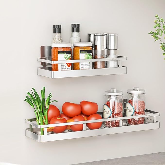 2PCS Kitchen Spice Rack, SUS304 Stainless steel Wall Mount Storage Rack, Seasoning Container, 19.7Inch Spice Organizer, Kitchen Seasoning Hanging Rack, Bathroom Shelf for Storing Toiletries