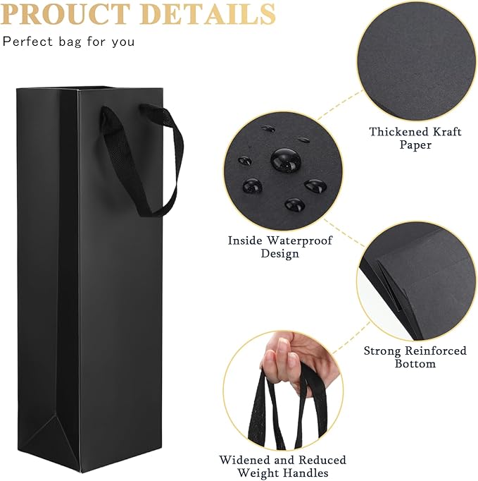 Fumete 50 Pack Wine Bottle Gift Bags Paper Wine Gift Bags Bulk 13.8x3.7x3.5 Wine Bags with Handles Appreciation Gifting Bags for Christmas Wedding Anniversary Birthday Party(Black, Gold)