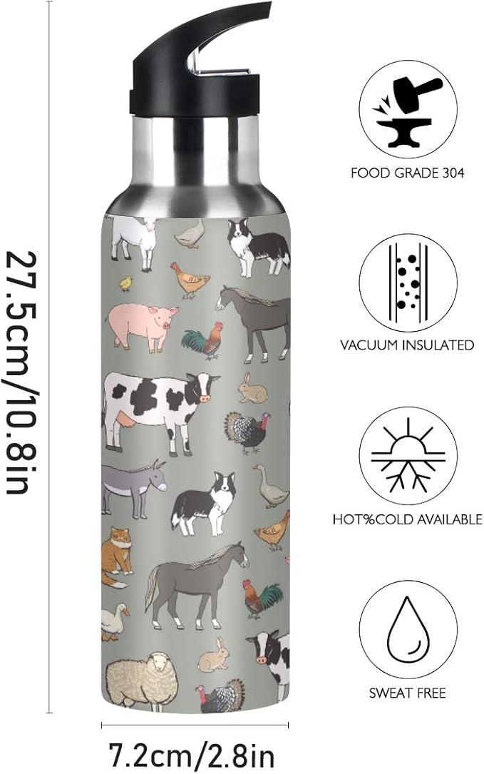 Farm Animals Pattern Stainless Steel Water Bottle with Straw, BPA Free Reusable Leakproof Water Jug for Fitness Camping Outdoor Sports