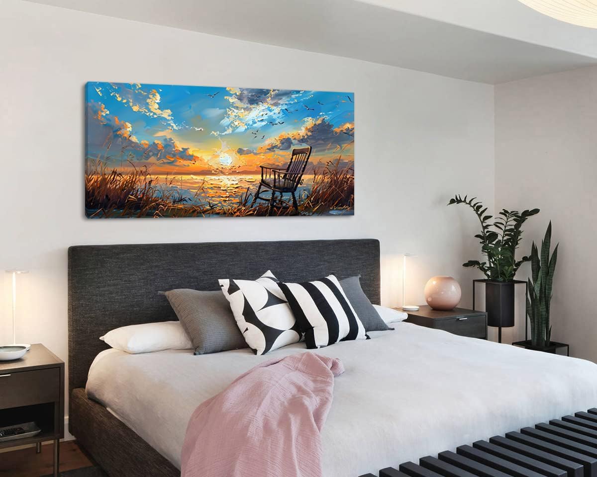 LASMOND Canvas Prints Wall Art Sunset Ocean Beach Pictures Photo nature landscape Paintings for Living Room Bedroom Home Decorations Modern Stretched and Framed Seascape Waves Landscape Artwork ( 30x60 Inches )