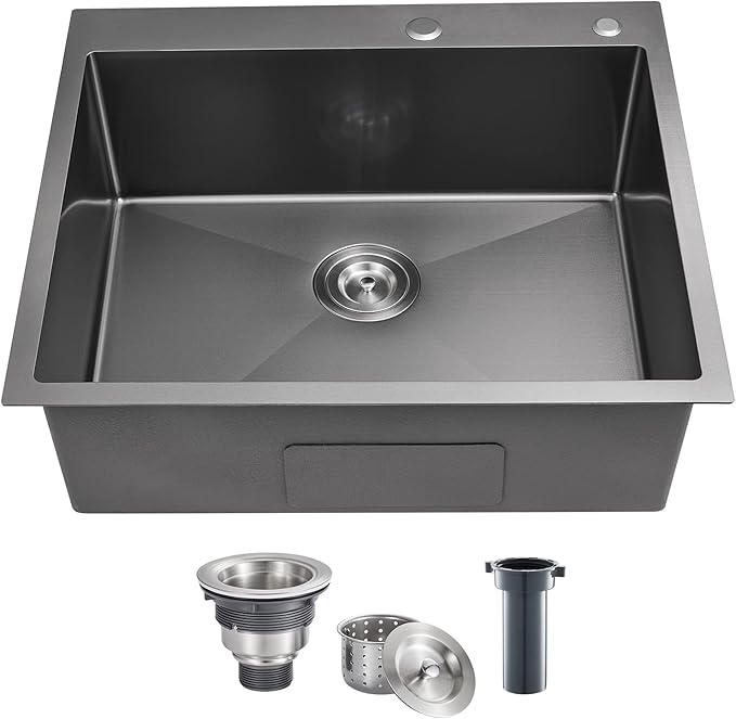 25 Inch Drop In Kitchen Sink, POPFLY 25x18 Black Stainless Steel Top mount Workstation Sink, 9 Inch Deep 18 Gauge One Bowl 2 Holes Sink
