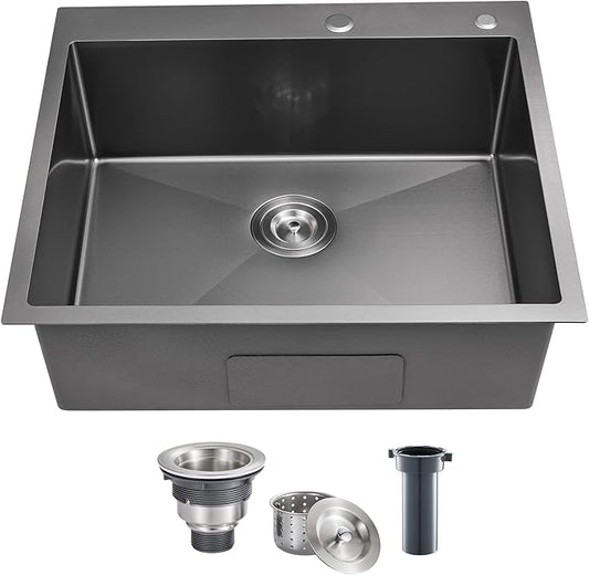 25 Inch Drop In Kitchen Sink, POPFLY 25x18 Black Stainless Steel Top mount Workstation Sink, 9 Inch Deep 18 Gauge One Bowl 2 Holes Sink