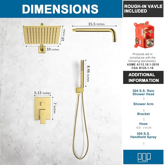 POP SANITARYWARE Shower Faucet Set Brushed Gold, 10 Inch Thickened Shower Head and Handle Set Bathroom Rain Shower System Wall Mounted Shower Fixture Include Shower Valve and Trim Kit