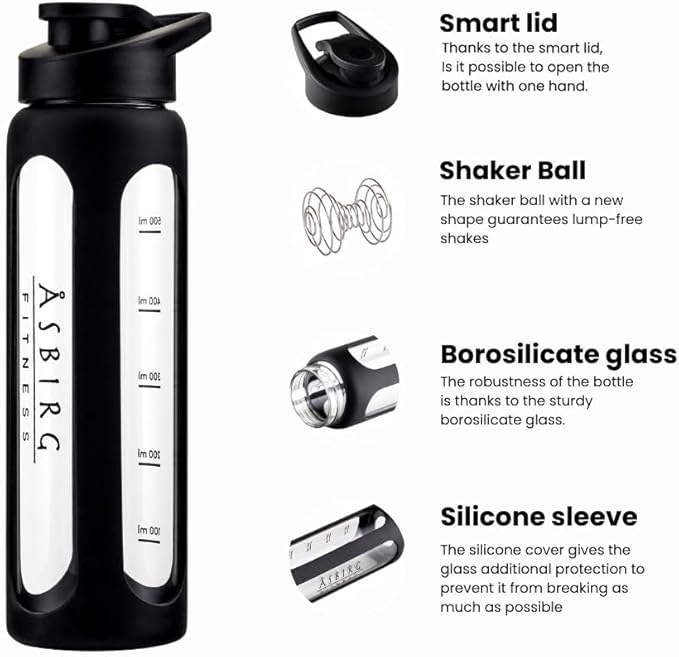 Fitness | Protein Shaker Made of Glass | Protein Shaker | Drinking Bottle | with Spiral Ball | Black