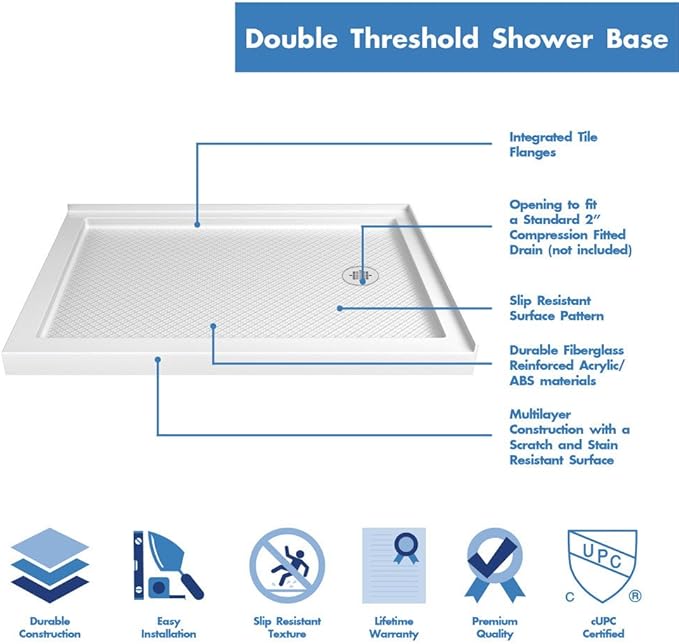 DreamLine SlimLine 36 in. D x 48 in. W x 2 3/4 in. H Right Drain Double Threshold Shower Base in White, DLT-1036482