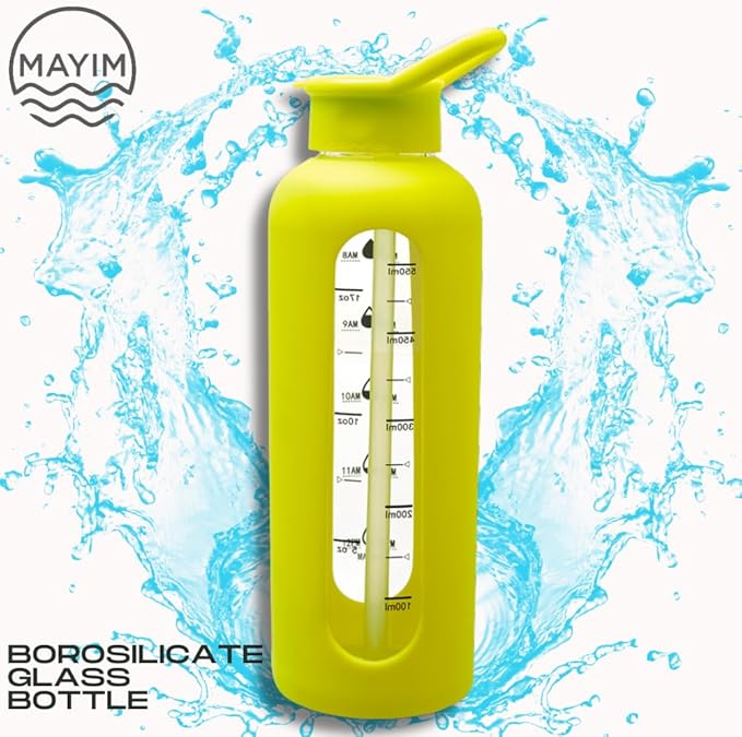 Mayim 24 Oz Glass Tumbler with Straw and Handle, Reusable Motivational Glass Water Bottle with Silicone Sleeve and Time Marker, Leak Proof Borosilicate Water Bottle -Safety Yellow