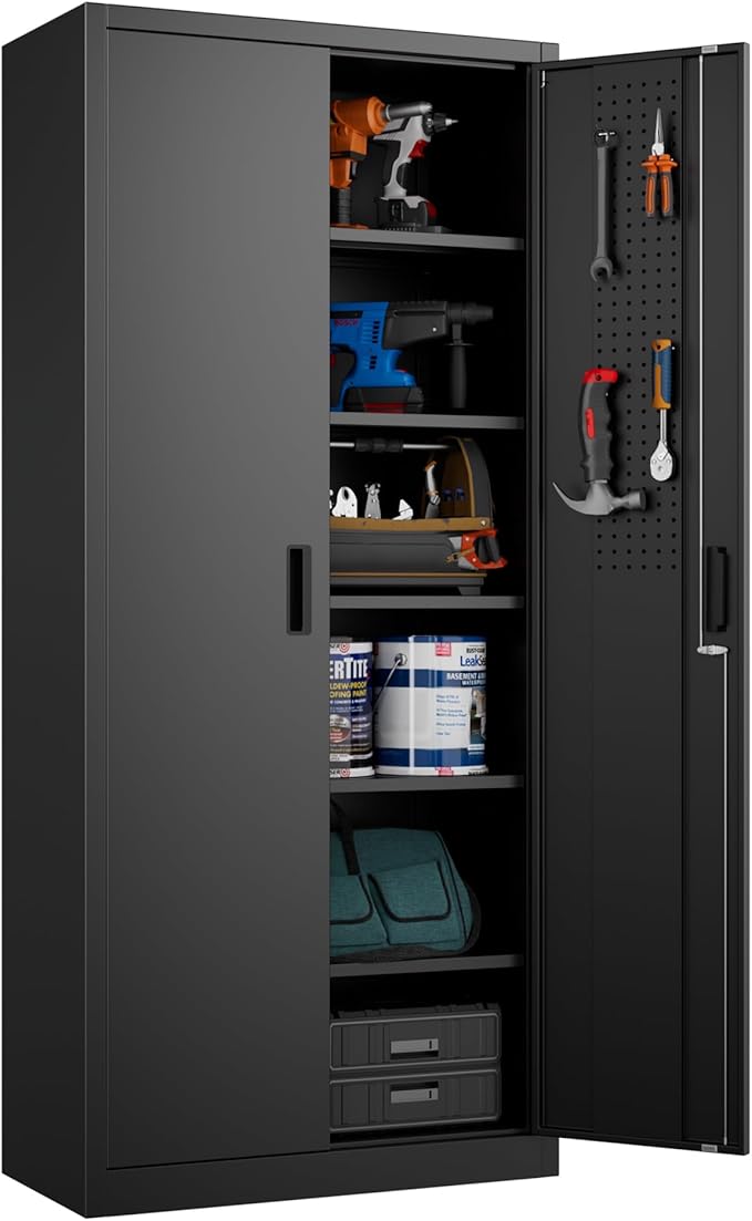 70.87" H Metal Garage Cabinet with 2 Doors and 5 Adjustable Shelves,Metal Storage Cabinet with Pegboards and Hooks for Garage, Office, Home,Gym, School, Assembly Required,Black