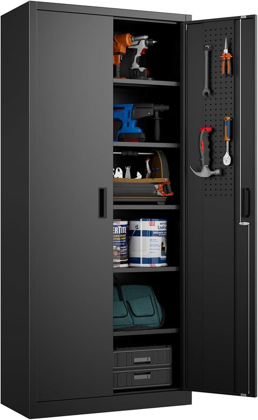 70.87" H Metal Garage Cabinet with 2 Doors and 5 Adjustable Shelves,Metal Storage Cabinet with Pegboards and Hooks for Garage, Office, Home,Gym, School, Assembly Required,Black
