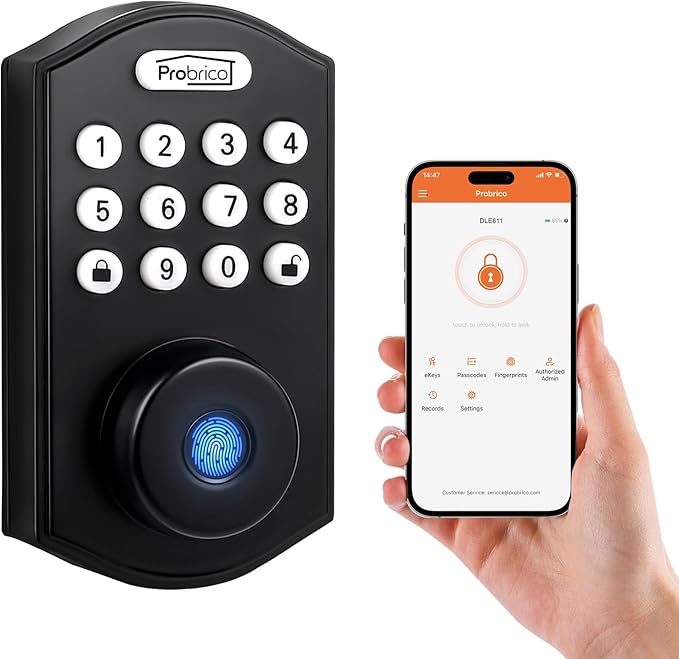 Probrico Fingerprint Smart Door Lock, Electronic Keypad Deadbolt Lock, Keyless Entry Smart Deadbolt Lock for Front Door, APP Control, Auto Lock, Black