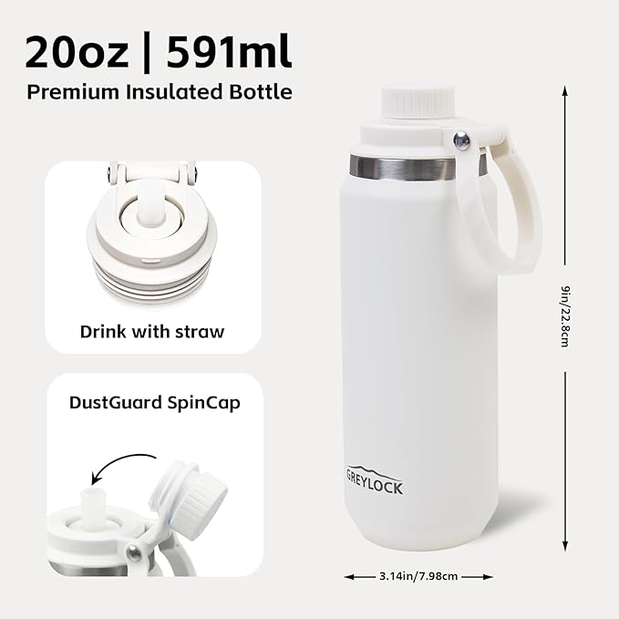 Greylock 20 oz White Water Bottle Insulated with Straw Lid, Reusable Metal Water Bottle Stainless Steel with Carry Handle for Travel,Sports, BPA-Free Leak Proof When Closed, Cold for 24 Hours