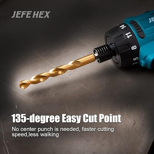 JEFE HEX 9/64" HSS Hex Shank Drill Bits, Titanium Coated Twist Power Tool Accessory. 135 Degree Split Point Drill for Plastics, Copper, Wood, Steel, Aluminum Alloy Cutting (Pack of 2)