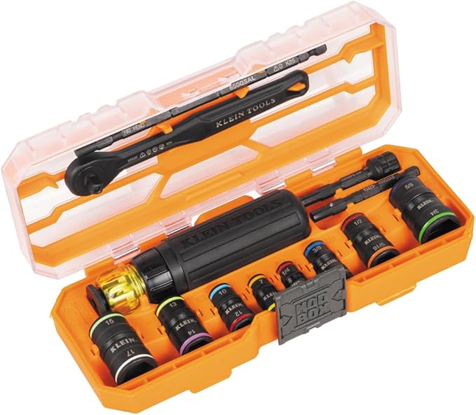 Klein Tools 65242 KNECT Impact Socket Set, Ratcheting Screwdriver Set, 1/4-Inch Drive, SAE and Metric Flip Sockets, 16 Hex Sizes, Adapters, MODbox Case