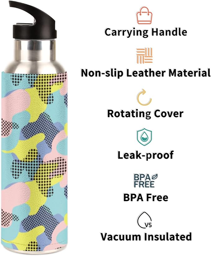 Dot Camouflage Stainless Steel Sports Water Bottle with Straw, 20 oz Vacuum Insulated Cup, Keeps Hot Cold Canteen Water Bottles For Cycling Travel Hiking