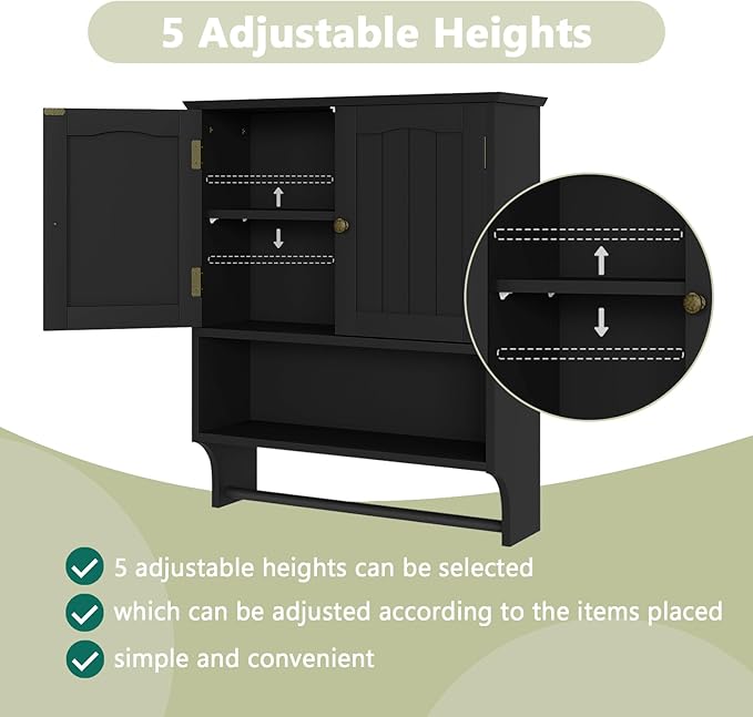 Smuxee Black Bathroom Cabinet Wall Mounted with Towels Bar, Medicine Cabinet with 2 Door Adjustable Shelves, Over Toilet Cabinet for Bathroom Laundry Room Kitchen