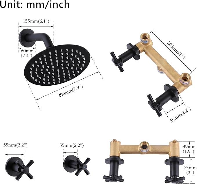 2 Handles Shower Faucet Set,Two Handle Shower with 8'' Rainfall Shower Head Combo Set,Single Function Shower Trim Kit with Rough-in Valve,Wall Mount,Matte Black
