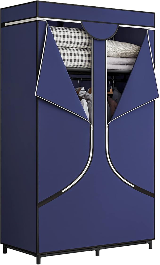 SORCEDAS Portable Wardrobe Closet Storage Organizer Metal Hanging Rack Non-Woven Fabric 34 Inch Coffee (34 Inch, Blue)