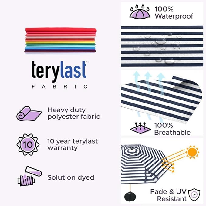 Midtown Umbrellas Push and Pop 10 Feet Outdoor Umbrella, Black/White Stripes Polyester Fabric - Fiberglass Ribs Deck Patio Umbrella, Backyard Umbrella, Garden Umbrella & Pool Umbrella - Black Pole