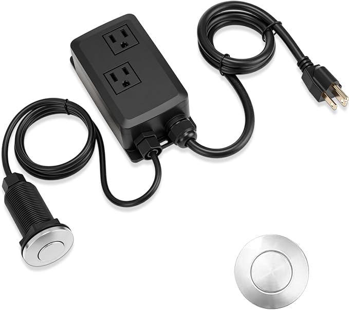 Garbage Disposal Air Switch Kit Dual Outlet Sink Top Waste Disposal On/off Stainless Steel Satin Nickel Button Extra Long Food and Waste Disposer, UL List(Silver)