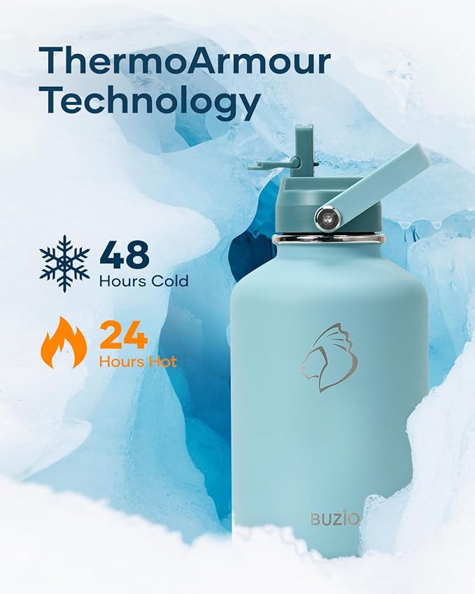 64 oz Insulated Water Bottle BUZIO Half Gallon Stainless Steel Water Jug with Carrying Pouch and Straw Lid, Keep Cold 48h Lead-Free Double Wall Vacuum Sports Flask Metal Canteen for Gym Camping, Green